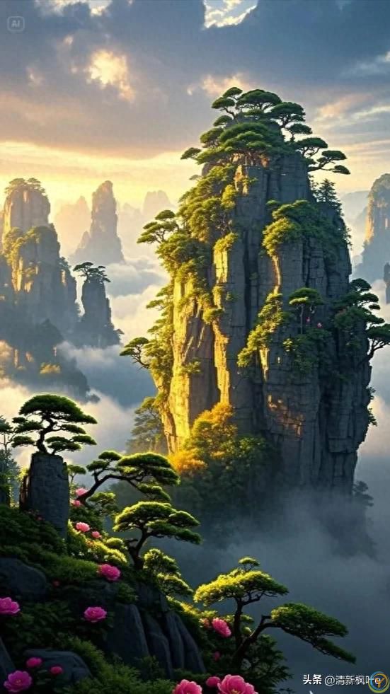 在云雾缭绕的奇幻之境，张家界悬浮山宛如超脱尘世的仙岛傲然矗立