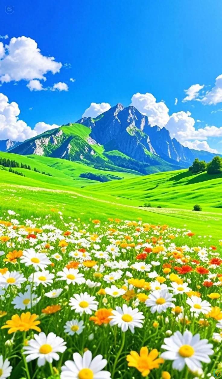 蓝天白云、花草交织的景象，格外治愈